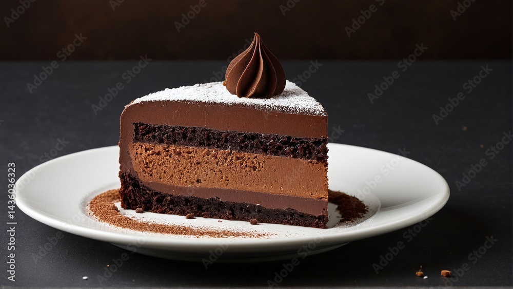 Decadent Chocolate Cake: A Slice of Heaven Featuring Moist Layers and a Rich Mousse, Garnished with Powdered Sugar and a Chocolate Swirl. Decadent Chocolate Cake: A Slice of Heaven Featuring Moist Layers and a Rich Mousse, Garnished with Powdered Sugar and a Chocolate Swirl.