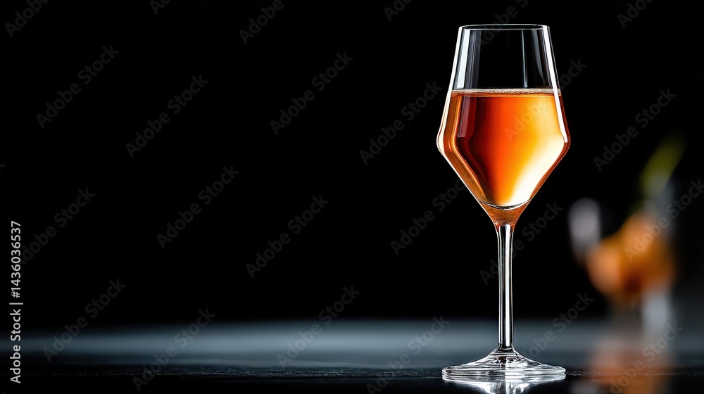 Elegant glass of amber beverage with dark background and soft light