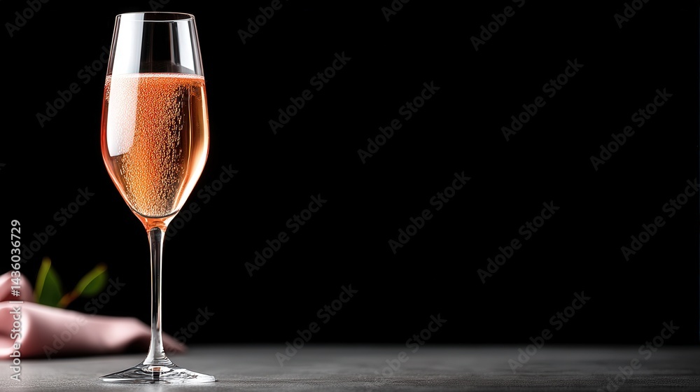 Elegant Glass of Sparkling Rosé with Pink Ribbon on Dark Background