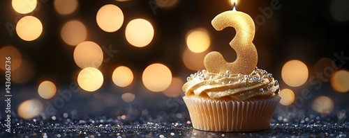 Golden Cupcake with a Lit Number 3 Candle on a Glittery Background - Illustration