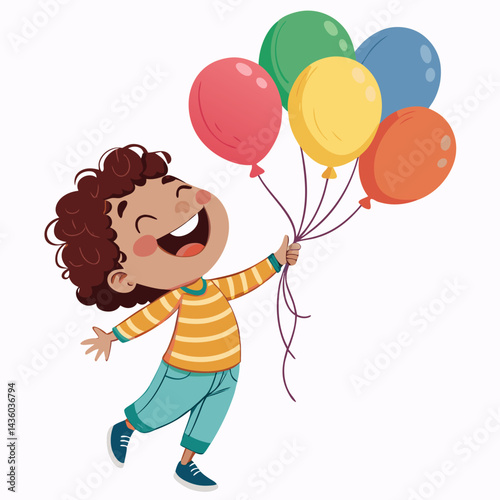 Create a bold vector illustration of a joyful child holding a brightly colored balloon, emphasizing strong outlines and vibrant colors.