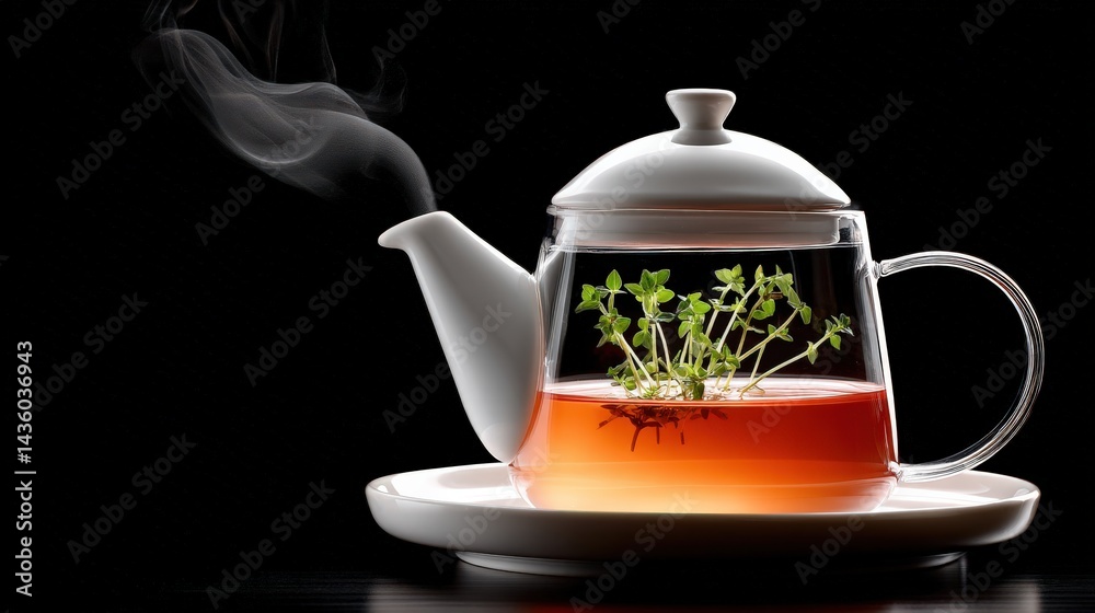 Elegant Glass Teapot Steaming with Fresh Herbs and Tea Leaves