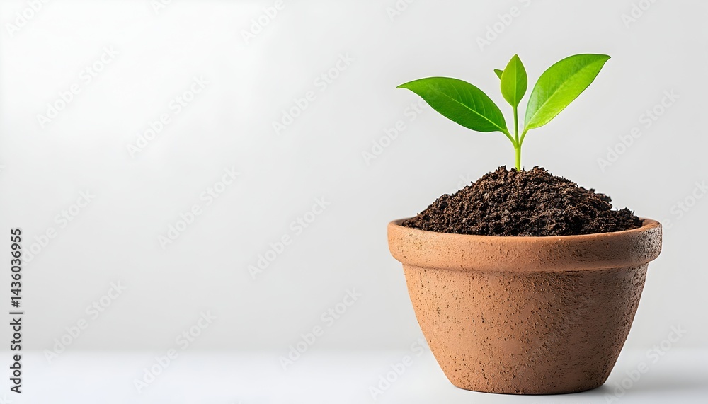 A small green sprout emerges from dark soil in a terracotta pot against a bright background A small green sprout emerges from dark soil in a terracotta pot against a bright background
