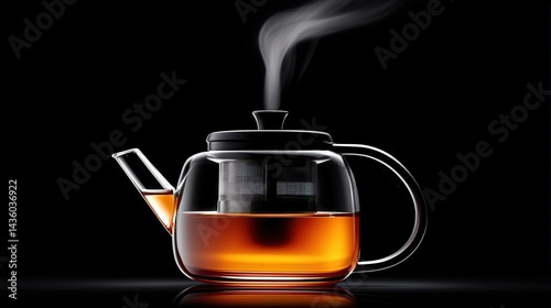 Obraz na płótnie Elegant Glass Teapot with Steam and Tea on Black Background w salonie