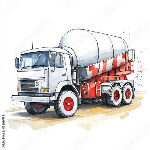 A Concrete Mixer Truck simple cartoon drawing watercolor