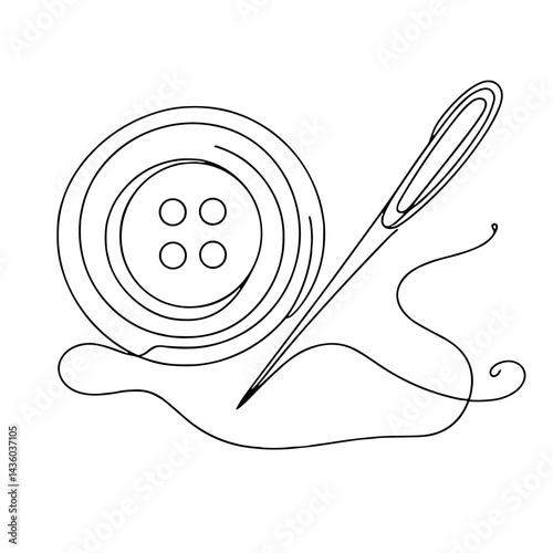 Needle sewing a button, sewing workshop illustration, minimalist line art,