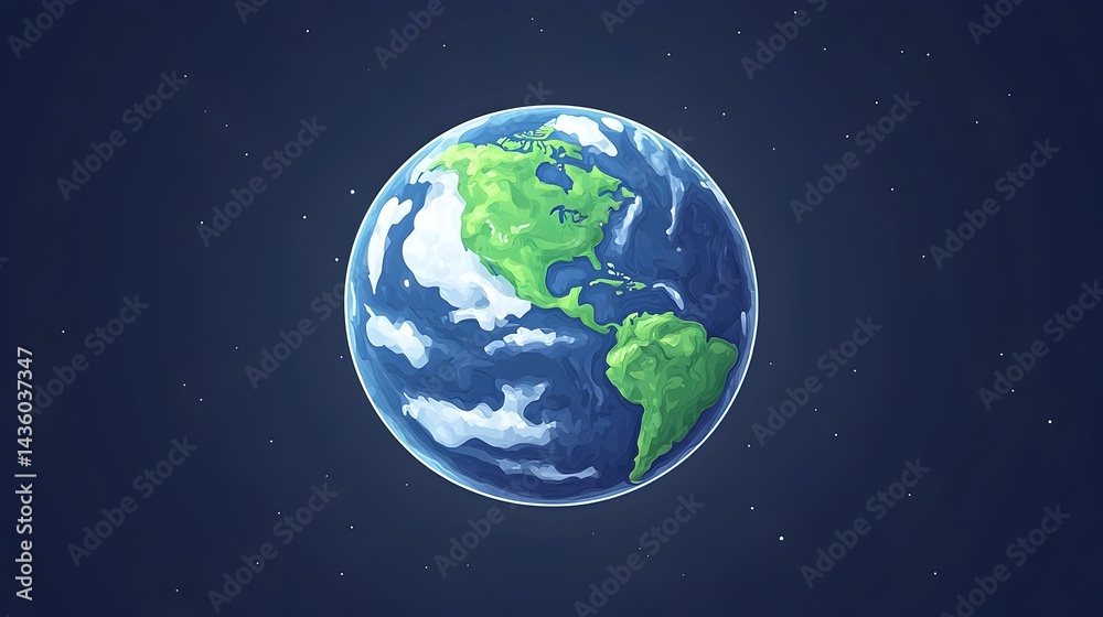 Obraz premium A stylized illustration of Earth in space, showing continents, oceans, and clouds