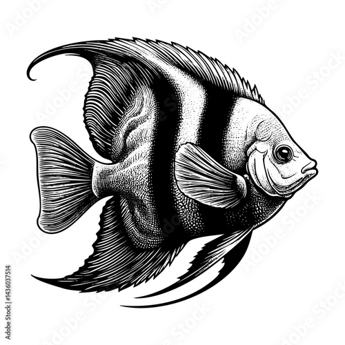 Angelfish sketch engraving black and white outline. Scratch board imitation.  illustrated in vintage line art style on a white background.