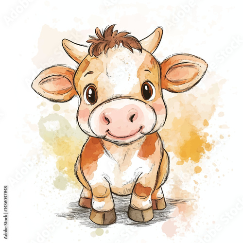 A Cow simple cartoon drawing watercolor icon