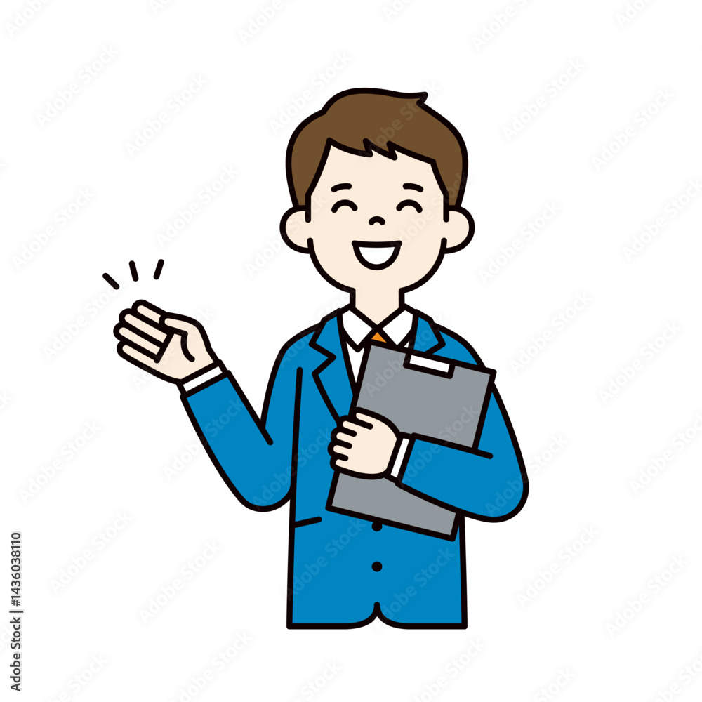 資料を持って説明する、スーツを着た若い男性のベクターイラスト素材_線幅の編集可能_カラー 資料を持って説明する、スーツを着た若い男性のベクターイラスト素材_線幅の編集可能_カラー