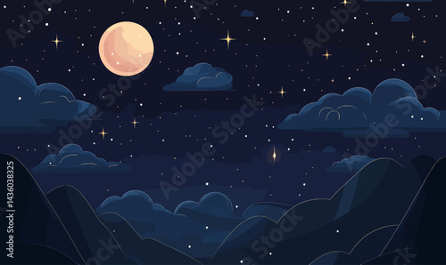 Stunning Night Sky with Full Moon and Stars in Minimalist Vector Style for Tranquil Designs