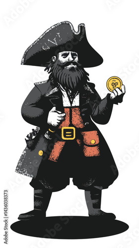 Minimalist Pirate Holding Golden Coin Vector Illustration in Flat SVG Style