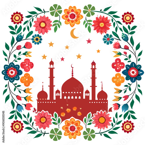 Create a vector illustration featuring bold, thick-stroked floral patterns arranged in a circular or surrounding design.  Emphasis on clean lines and strong contrast.