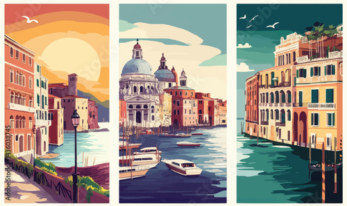 Retro Italy Travel Posters Collection: Venice, Rome, Positano Vintage Style Illustrations