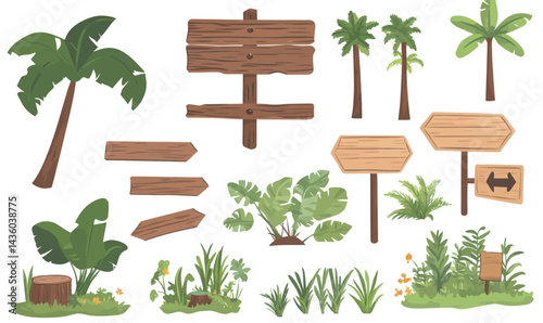 Jungle Themed Cartoon Game Panels and Signs with Plants in Flat Minimalist Style