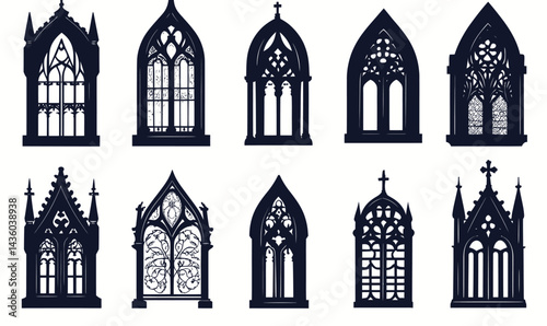 Gothic Church Window Silhouettes Set Medieval Stained Glass Architectural Vector