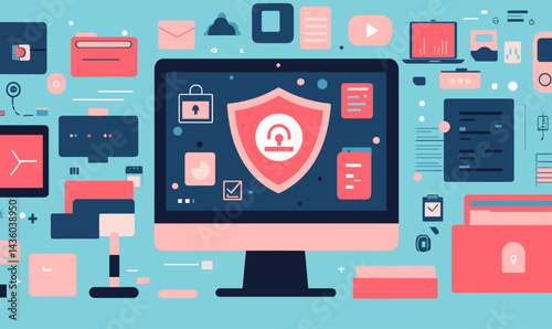 Minimalist Cybersecurity Concept with Computer Displaying Antivirus Protection Icons