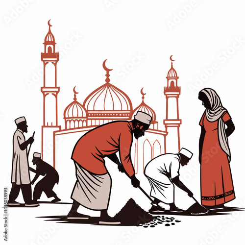 Create a bold, vector illustration of diverse people performing Qira'at (Qur'anic recitation), emphasizing dynamic poses and strong linework.
