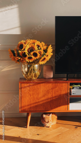 Sunflowers and Cat in Sunlit Living Room