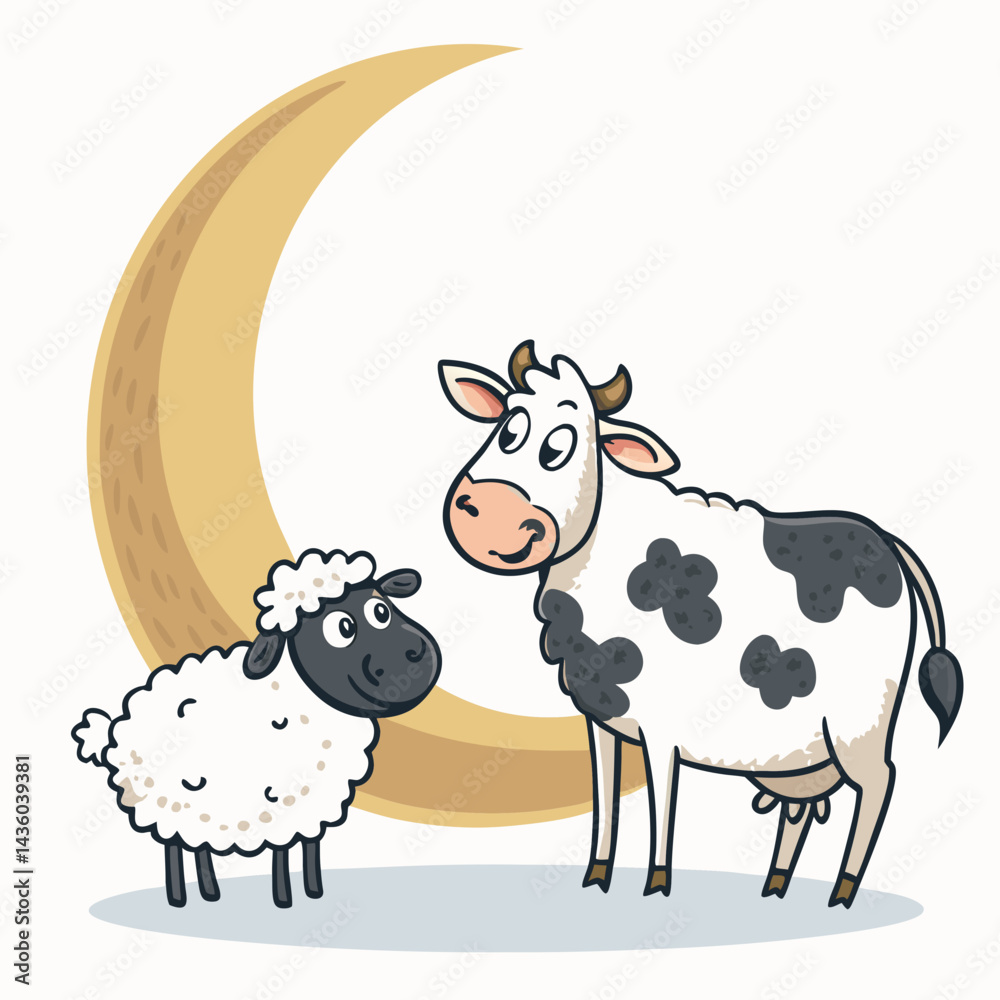 Fototapeta premium Create a bold, vector illustration of a sheep and a cow standing together, featuring thick outlines and a playful, friendly style.
