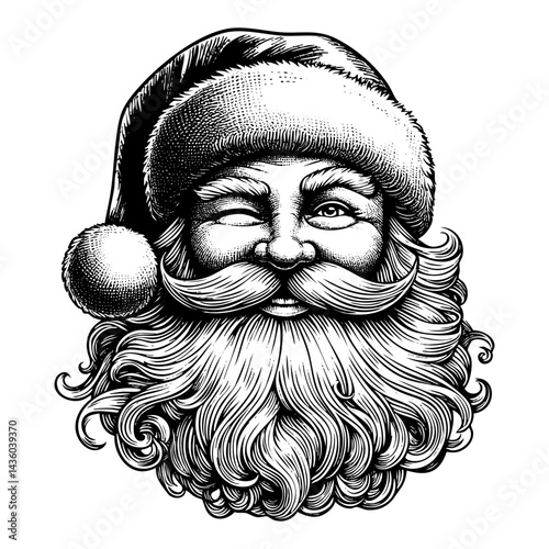 Santa clause portrait sketch engraving black and white outline. Scratch board imitation.