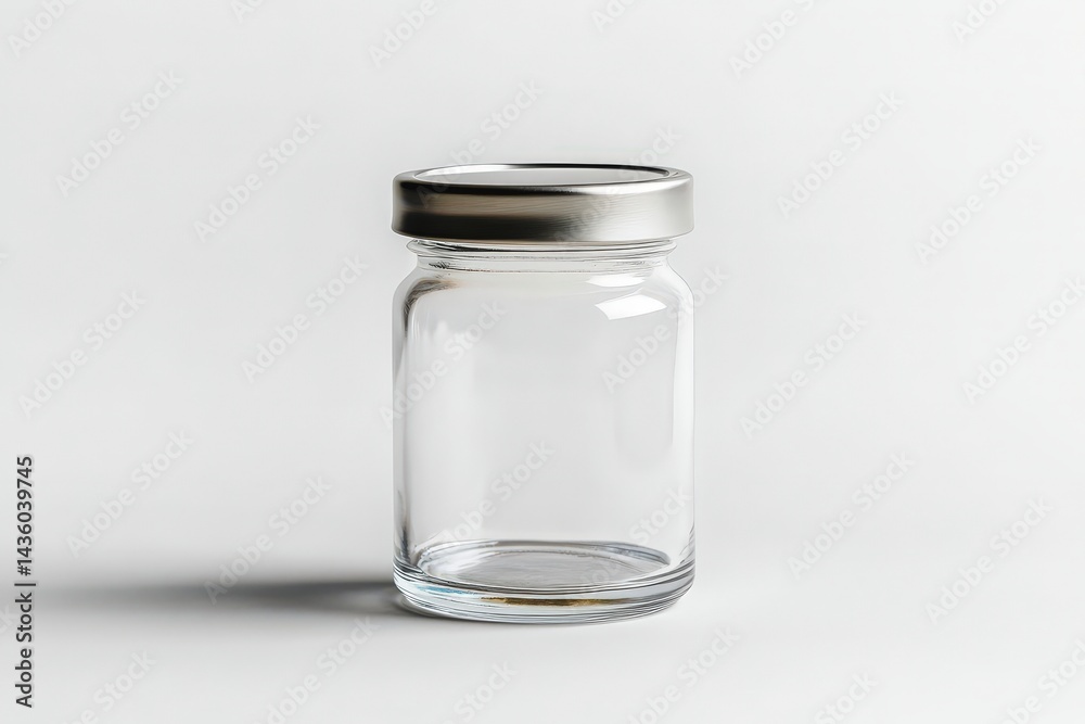 Clear glass jar with metal lid on a light background displaying simplicity and versatility for storage or decoration Clear glass jar with metal lid on a light background displaying simplicity and versatility for storage or decoration