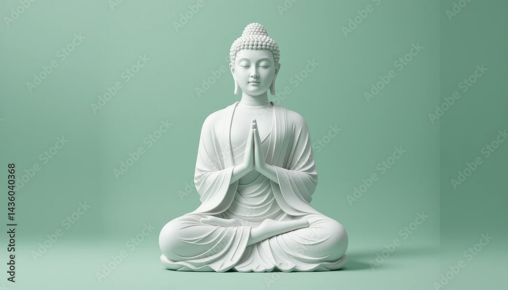 Serene White Buddha Statue in Prayer Pose Low Poly 3D Render on Soft Green Background Serene White Buddha Statue in Prayer Pose Low Poly 3D Render on Soft Green Background