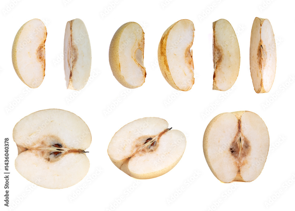 Fototapeta premium Collection of fresh and sweet pear slices in various compositions and angles, isolated on white background