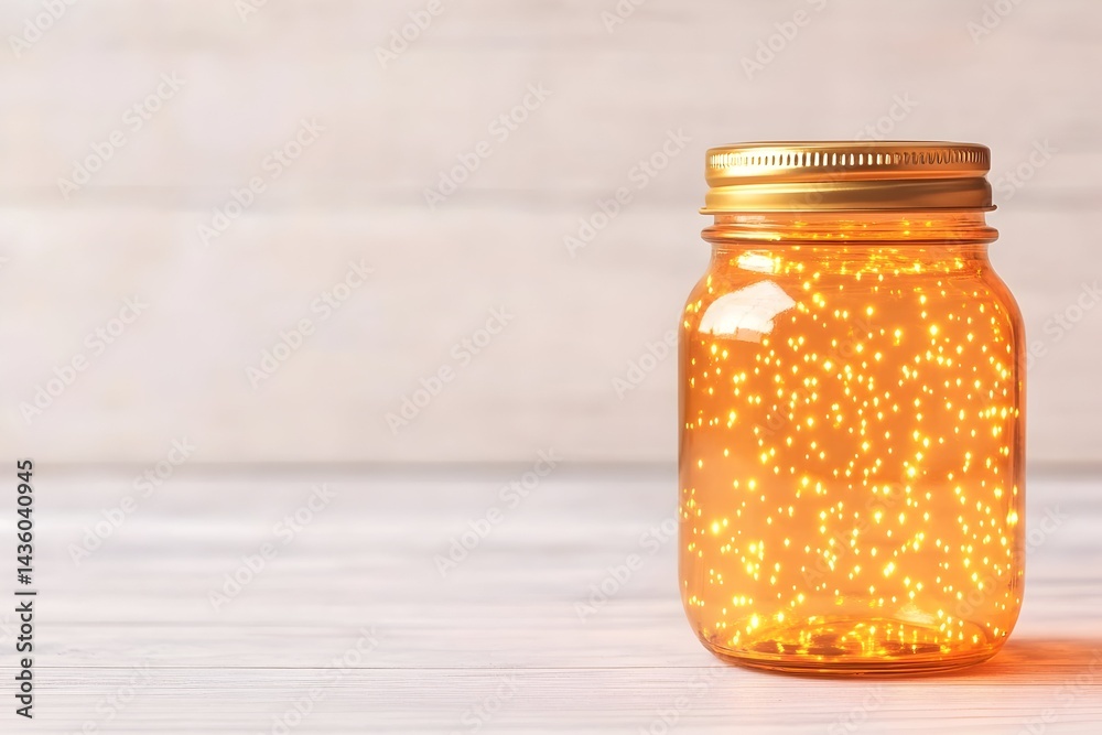 Glass jar filled with warm, glowing lights sits on a light wood surface Glass jar filled with warm, glowing lights sits on a light wood surface