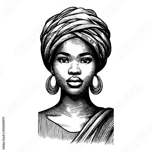 African woman confidence pose engraving black and white outline. Scratch board imitation.  illustrated in vintage line art style on a white background.