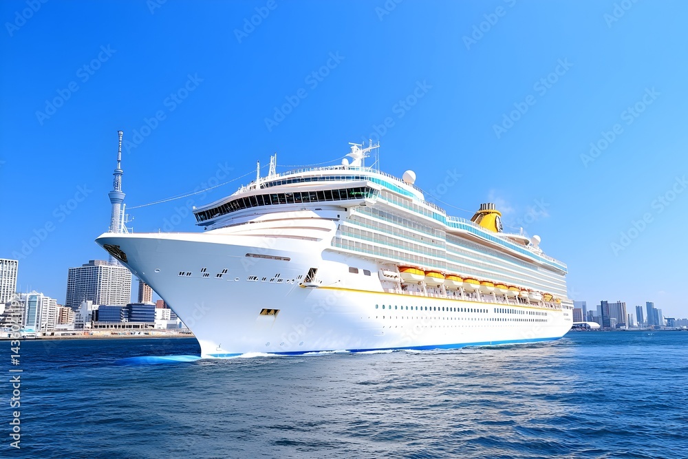 Naklejka premium Large cruise ship sailing on calm waters past a city skyline under a clear blue sky