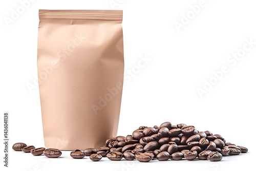 Kraft stand-up pouch beside a pile of roasted coffee beans on white background