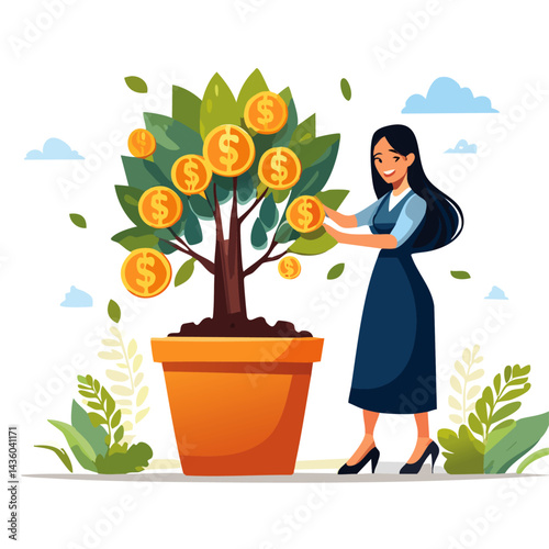 Woman planting a money tree, symbolizing financial planning