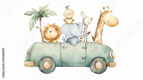 Fototapeta Naklejka Na Ścianę i Meble -  Un león, un elefante, un pavo real, un conejo y una jirafa están sentados en el techo de un coche verde.