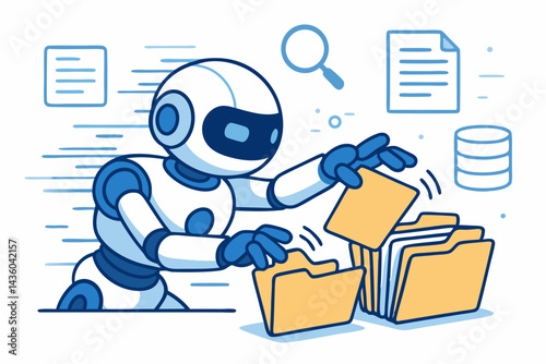 Advanced AI robot quickly searching digital files and organizing documents in folders, symbolizing automated data processing, information retrieval, and database management technology vector.