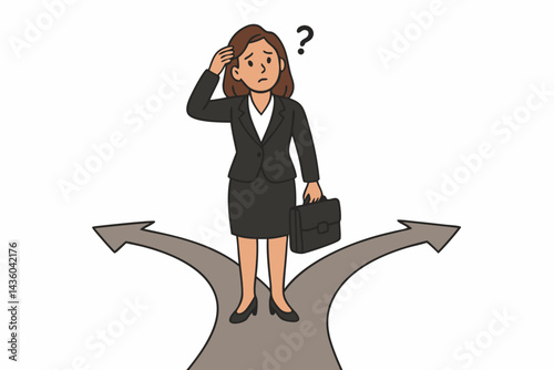 Confused businesswoman vector illustration at crossroads with briefcase, pondering career choices, business strategy. Concept for decision making, uncertainty, direction dilemma, future opportunities.