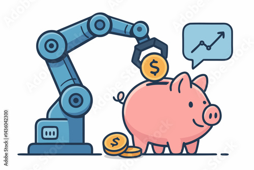 Automated Savings with Robotic Arm: Investing in Piggy Bank for Financial Growth and Future Prosperity, Smart Finance Management and Investment Strategy.