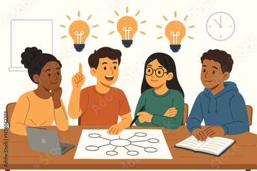 Collaborative brainstorming session with diverse students generating innovative ideas, mind mapping on a table with laptop and book. Education, teamwork, and creativity concept flat vector.