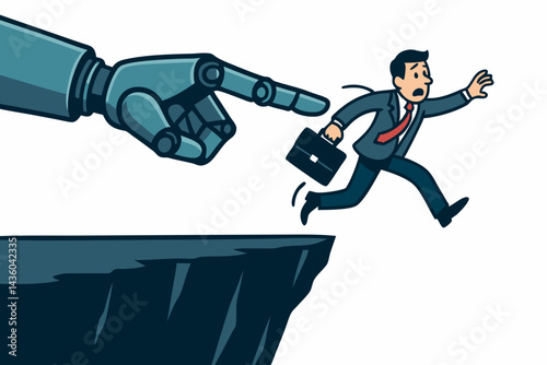 Vector cartoon showing giant robot hand pointing, forcing terrified businessman to jump off cliff edge, representing automation impact, job loss, AI takeover, unemployment crisis.