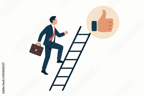Vector illustration of a determined businessman ascending the ladder of success, aiming for the thumbs up icon representing approval, achievement, career goals, and upward mobility.