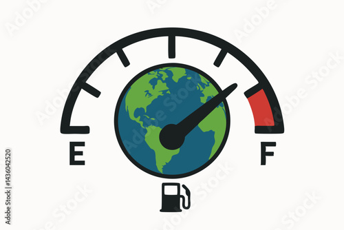 Conceptual vector illustration of Earth as a fuel gauge nearing empty, representing resource depletion, energy scarcity, climate change impact, and environmental sustainability concerns.