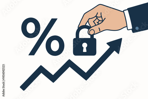 Locking in Financial Rates: Business hand uses a padlock to secure a percentage rate against an upward trend graph. Flat vector concept for investment security and fixed loan stability.