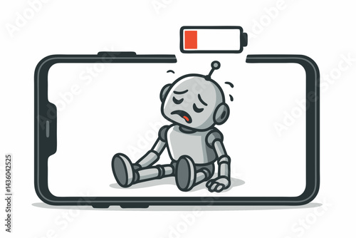 Drained robot vector illustration showing fatigue and low energy, sitting sadly on a smartphone screen with a critical red battery warning symbol. Tech burnout concept.
