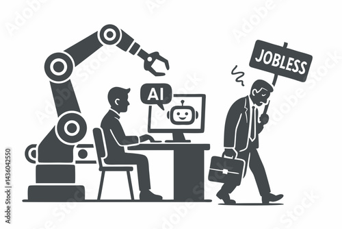 Monochrome vector illustration depicting the future workplace shift where AI and robotic automation lead to human job loss, showing a jobless businessman replaced by technology.