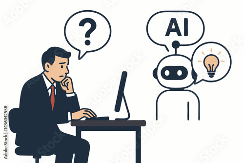 Businessman asking questions, AI chatbot providing solutions. Vector concept of artificial intelligence consultation, tech support, and idea generation at office desk.