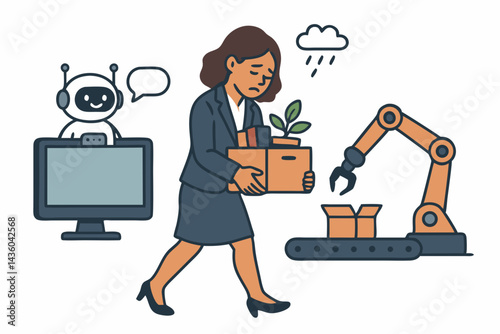 Unemployed businesswoman replaced by AI and automation, leaves office with box. Vector concept art showing job displacement, technological disruption, robot takeover, future of work.