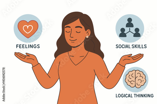 Emotional Intelligence (EQ) concept vector. Calm woman balances icons representing feelings (heart), logical thinking (brain), and social skills (network) for mental wellness and self-awareness.