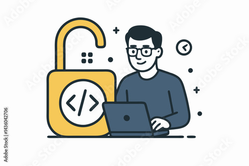 Flat line art vector illustration of a developer coding on a laptop next to an open padlock code symbol representing open source security vulnerability and cybersecurity access.