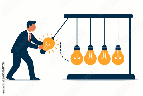Sparking innovation: Businessman launches a bright idea using a lightbulb Newton's cradle, illustrating momentum, cause and effect, creativity, and business strategy vector art.