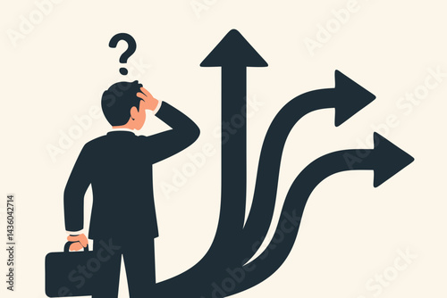 Confused businessman at crossroads with arrows, facing career choice dilemma and strategic uncertainty. Illustrates difficult decision-making for future direction, options vector graphic.